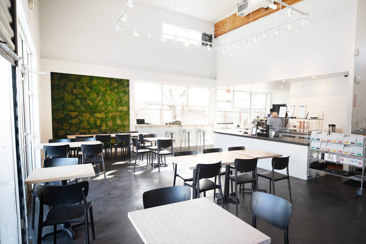 Inside our Cleveland Ave Roastery Cafe; tall ceilings with bright white walls and dark gray cement flooring, black chairs and birch wood table tops; light shining through the window.