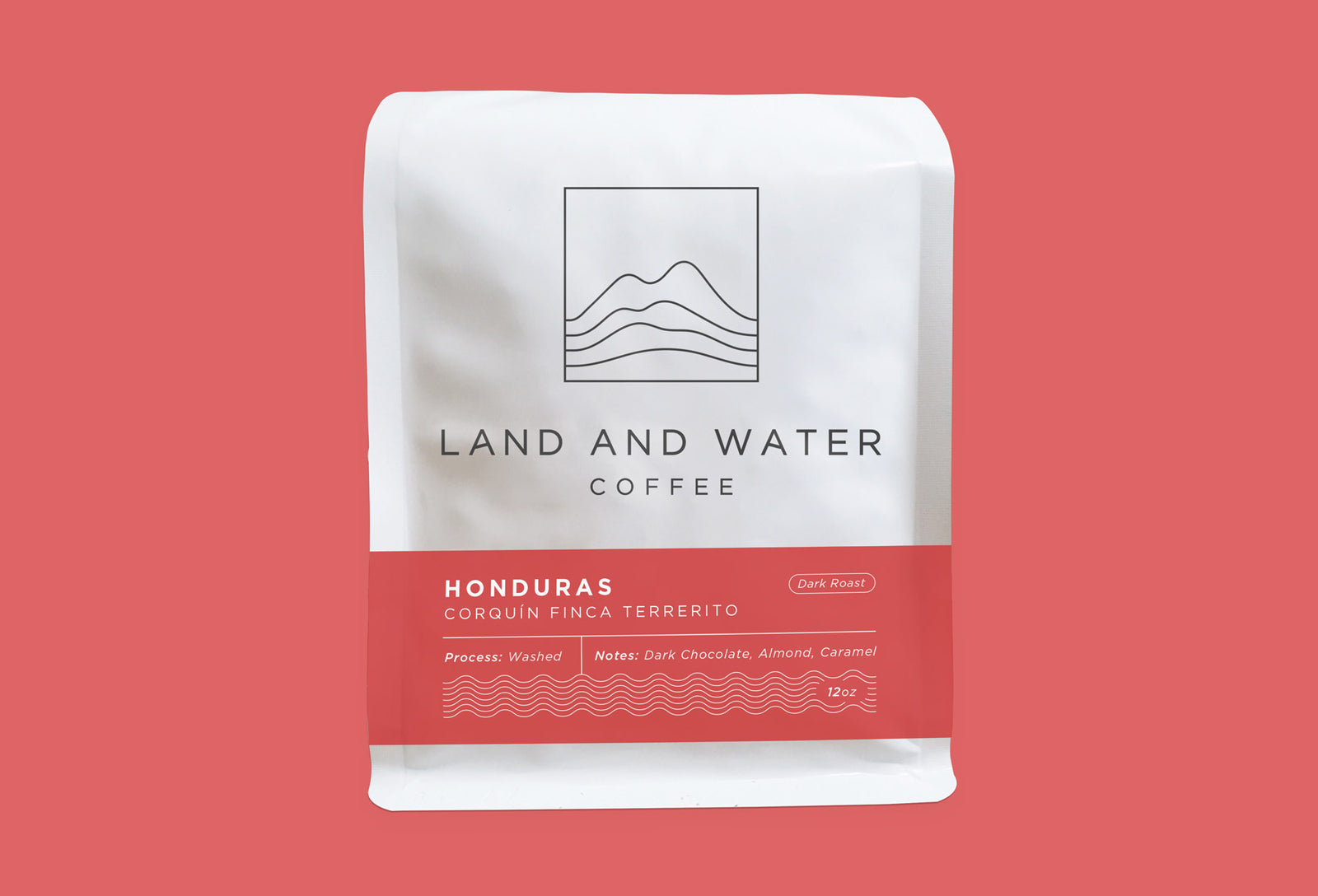 Land and Water Coffee Finca Terrerito, Copan Honduras, White Bag with red label on a red background