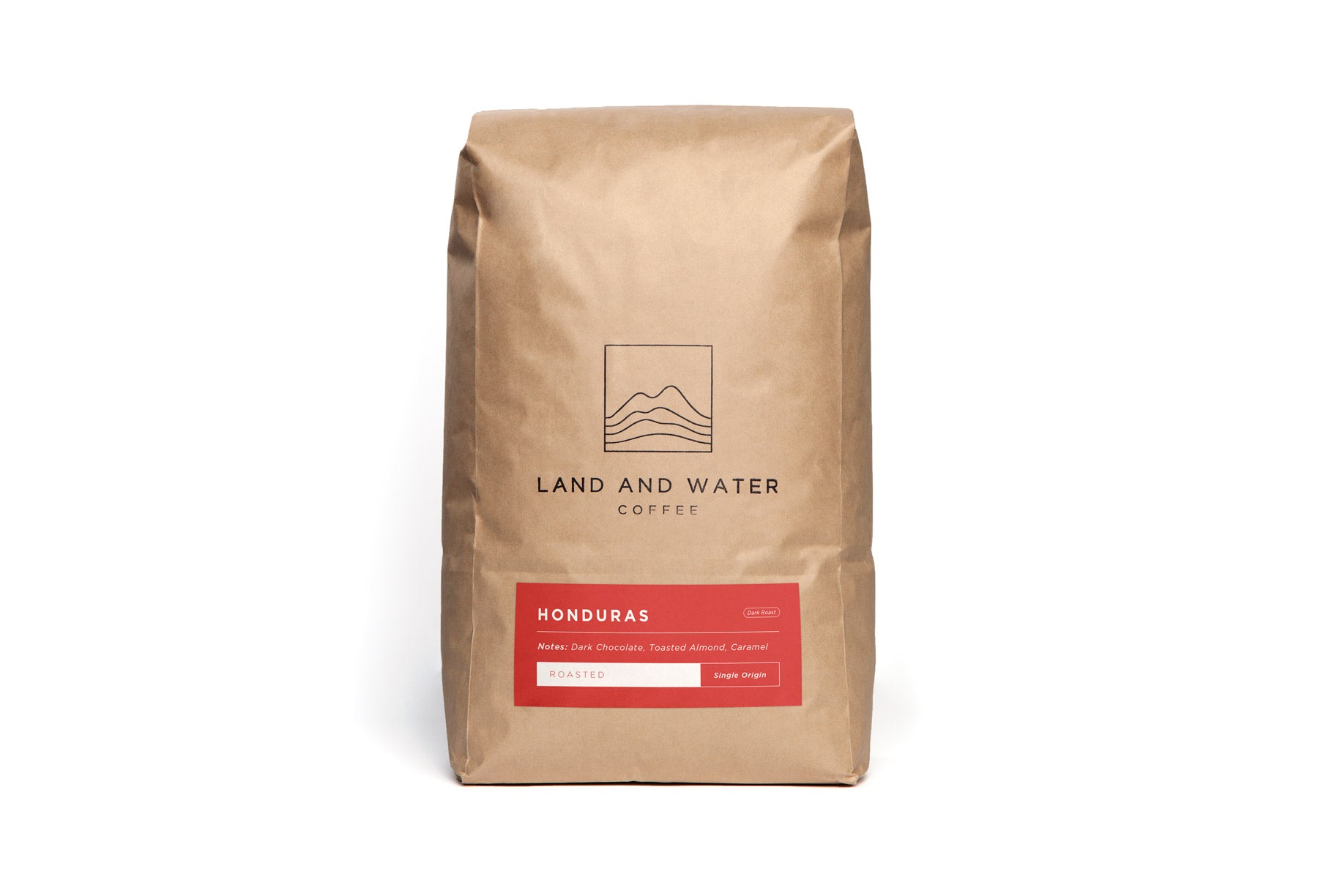 Land and Water Coffee Finca Terrerito, Copan Honduras, White Bag with red label on a red background