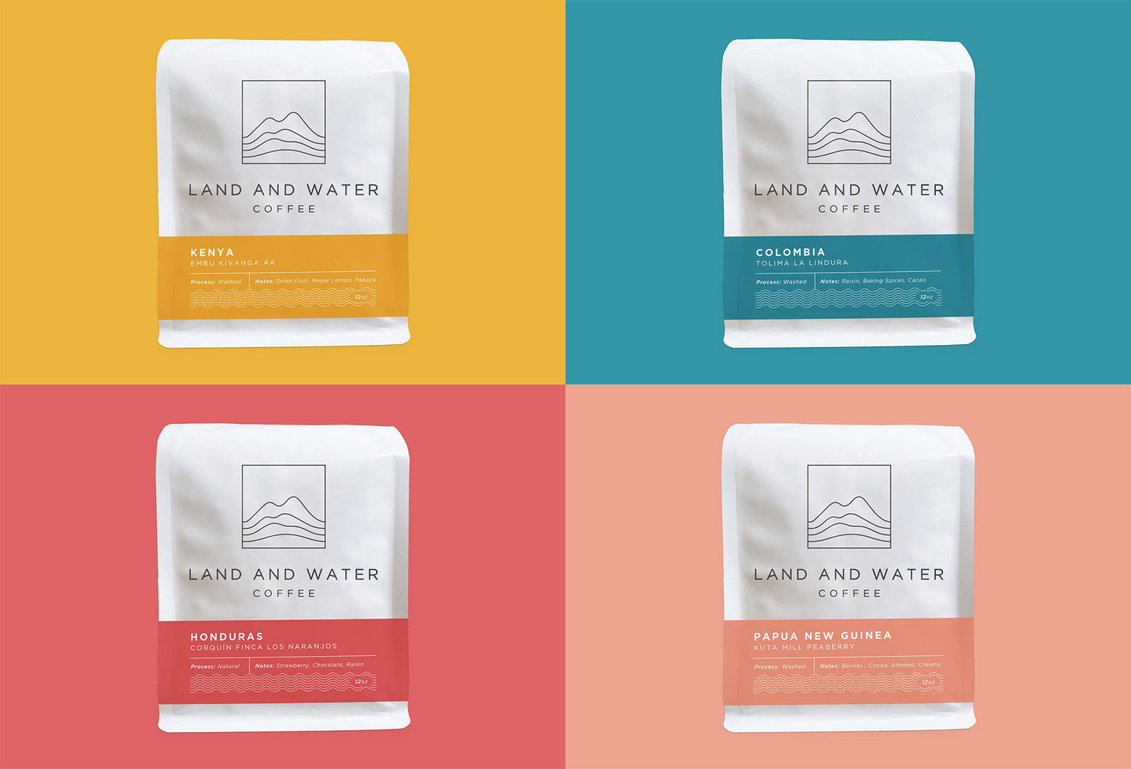 4 Land and Water Coffee bags representing coffee from each origin