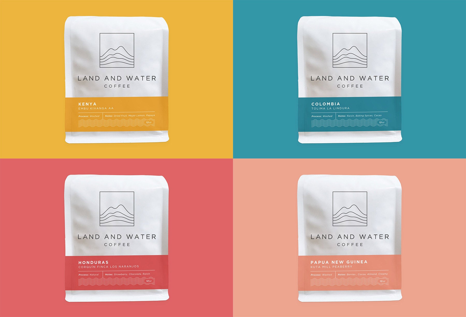 4 Land and Water Coffee bags representing coffee from each origin
